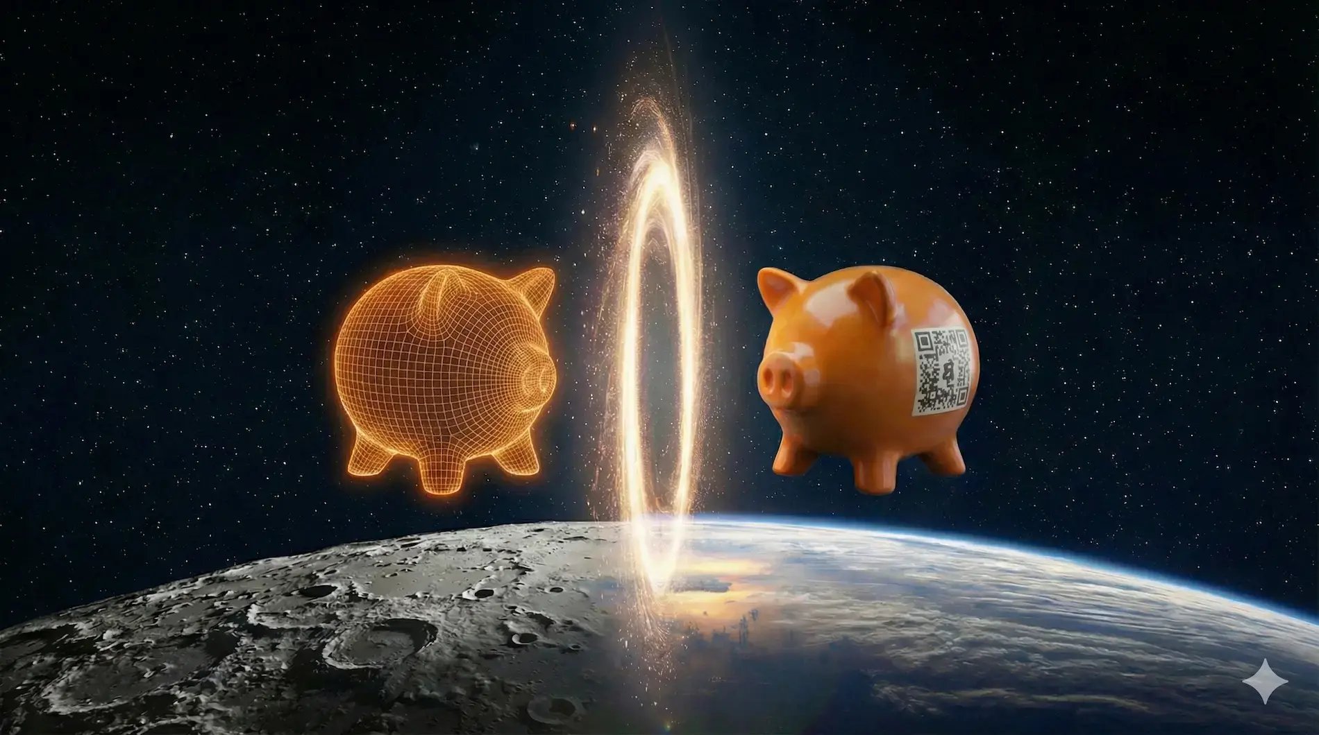 Cochon tirelire franchissant un portail lumineux au-dessus de la Terre, symbolisant le Libération Day et le passage du NFT vers la réclamation de l’œuvre physique