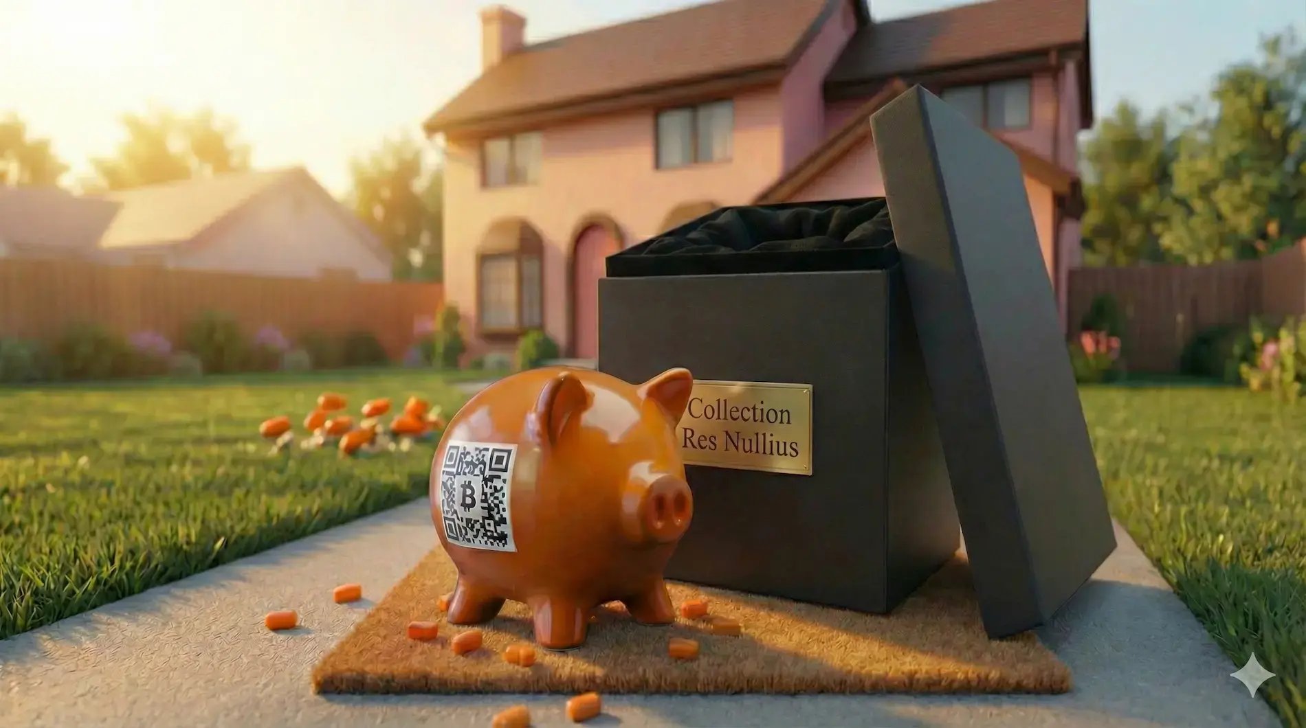 Cochon tirelire livré devant une maison, accompagné de son coffret de collection, illustrant la réception de l’œuvre physique après la demande de livraison