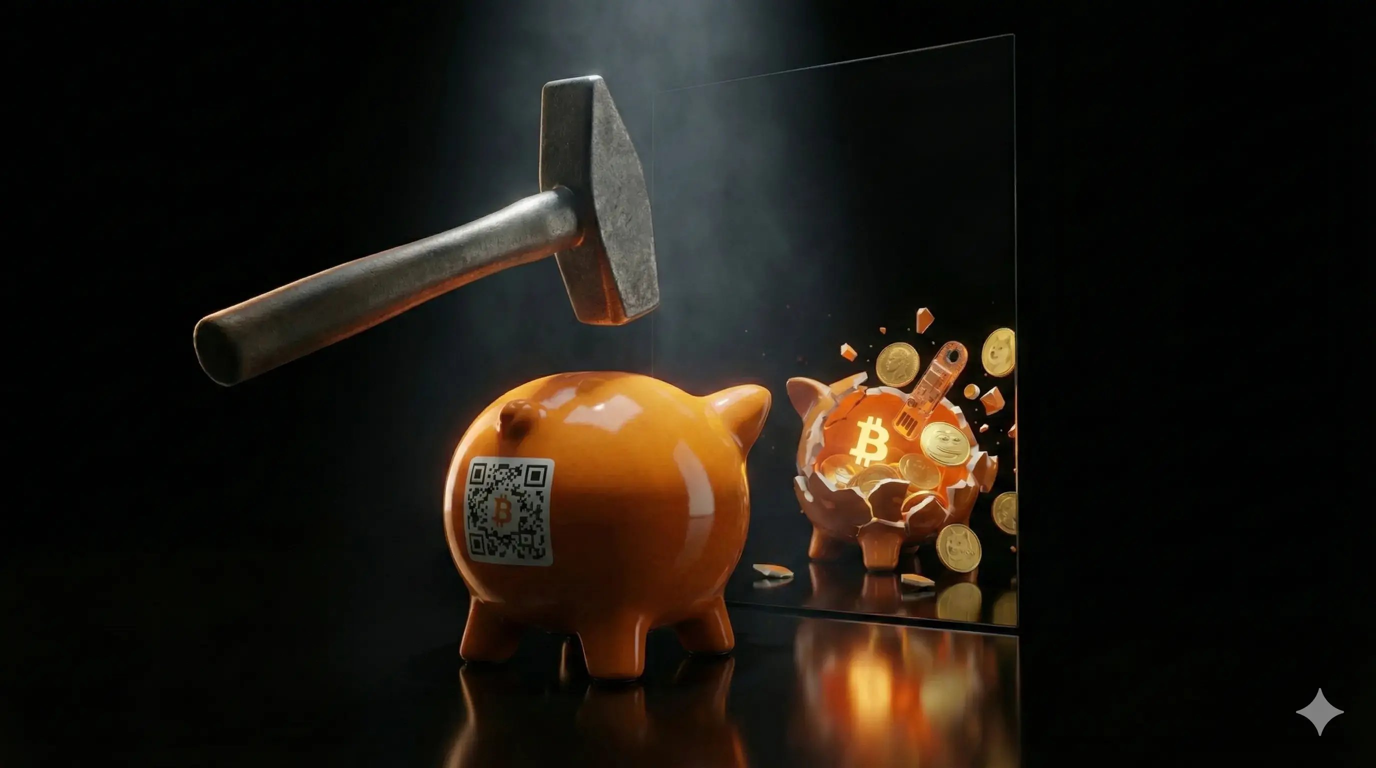 Marteau prêt à briser un cochon tirelire en porcelaine laissant apparaître des pièces et une clé Bitcoin, illustrant l’acte irréversible de destruction pour accéder au trésor