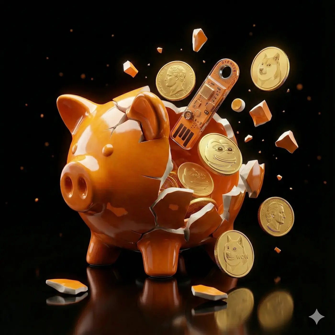 Cochon tirelire en porcelaine brisé laissant apparaître des pièces, des billets et un dispositif Bitcoin, symbole de rareté et de destruction irréversible