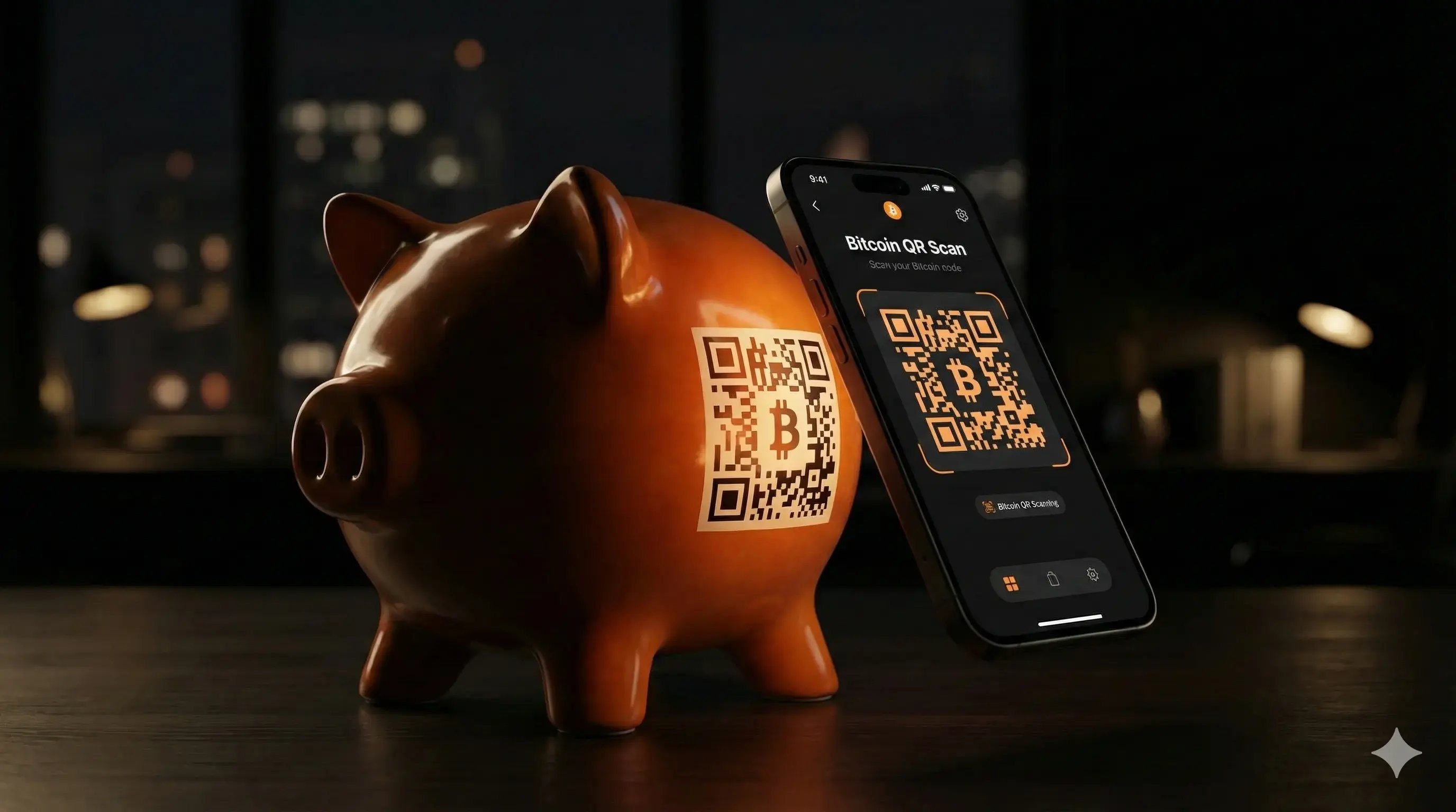 Cochon tirelire affichant un QR code Bitcoin permettant d’accéder à la clé publique et de consulter ou alimenter le portefeuille numérique