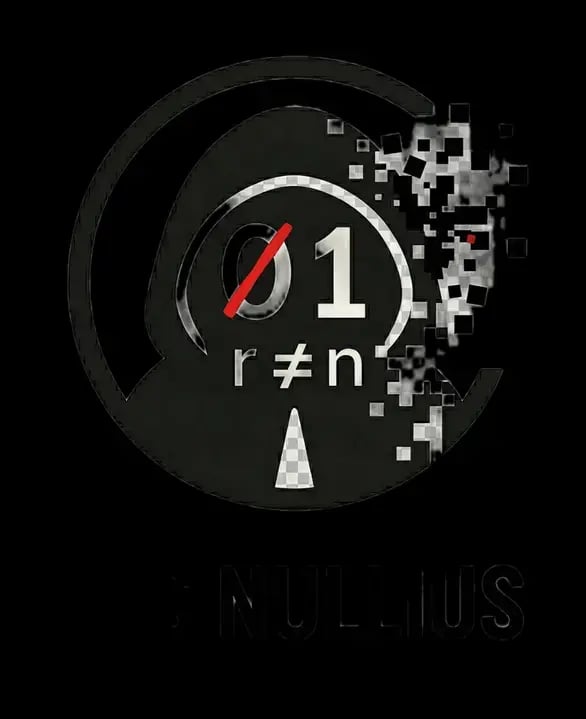Logo Res Nullius représentant un symbole circulaire fragmenté avec les éléments “01”, “r≠n” et une barre rouge, incarnant l’art sans maître et la notion de rareté sans propriétaire