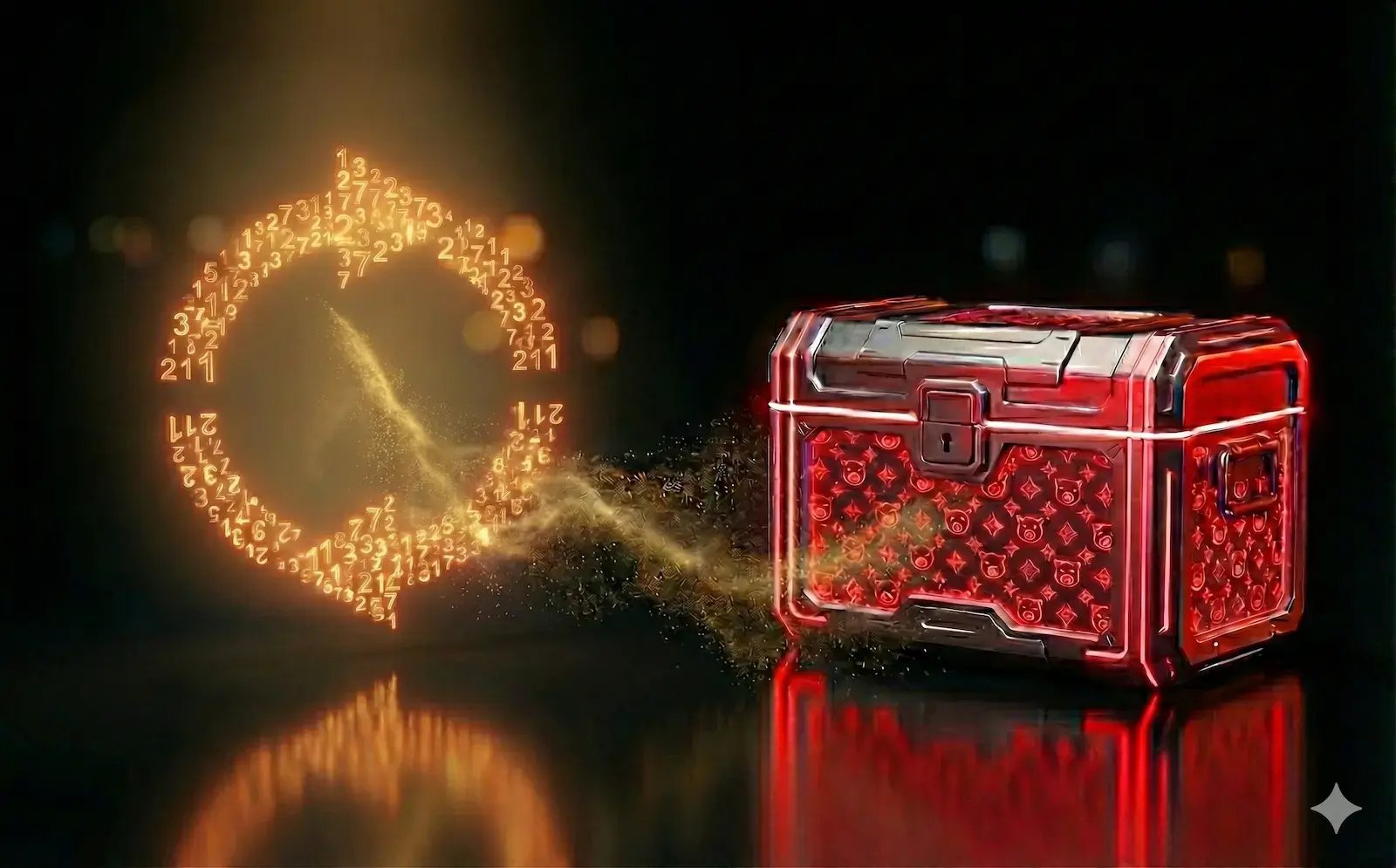 Cercle lumineux symbolisant les flux de royalties sur la blockchain relié à un coffre, illustrant un trésor évolutif alimenté par les ventes secondaires de la collection