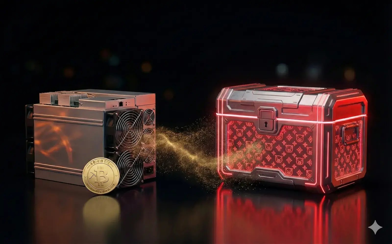Trésor en Bitcoin représenté par des satoshis issus du mining, symbolisé par un dispositif de minage et un coffre numérique reliés à la collection Bitggybank