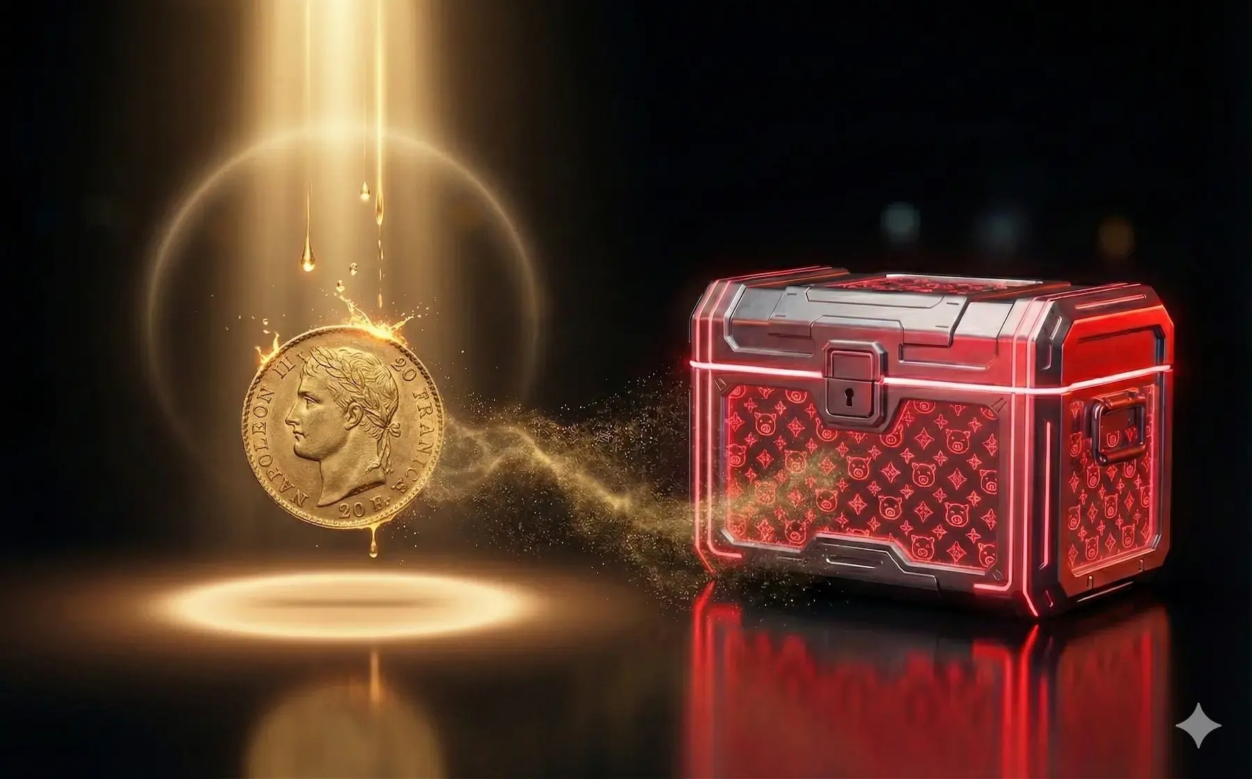 Pièce d’or Napoléon 20 francs mise en valeur par un faisceau lumineux, représentant un trésor physique rare et intemporel associé à la collection bitggybank