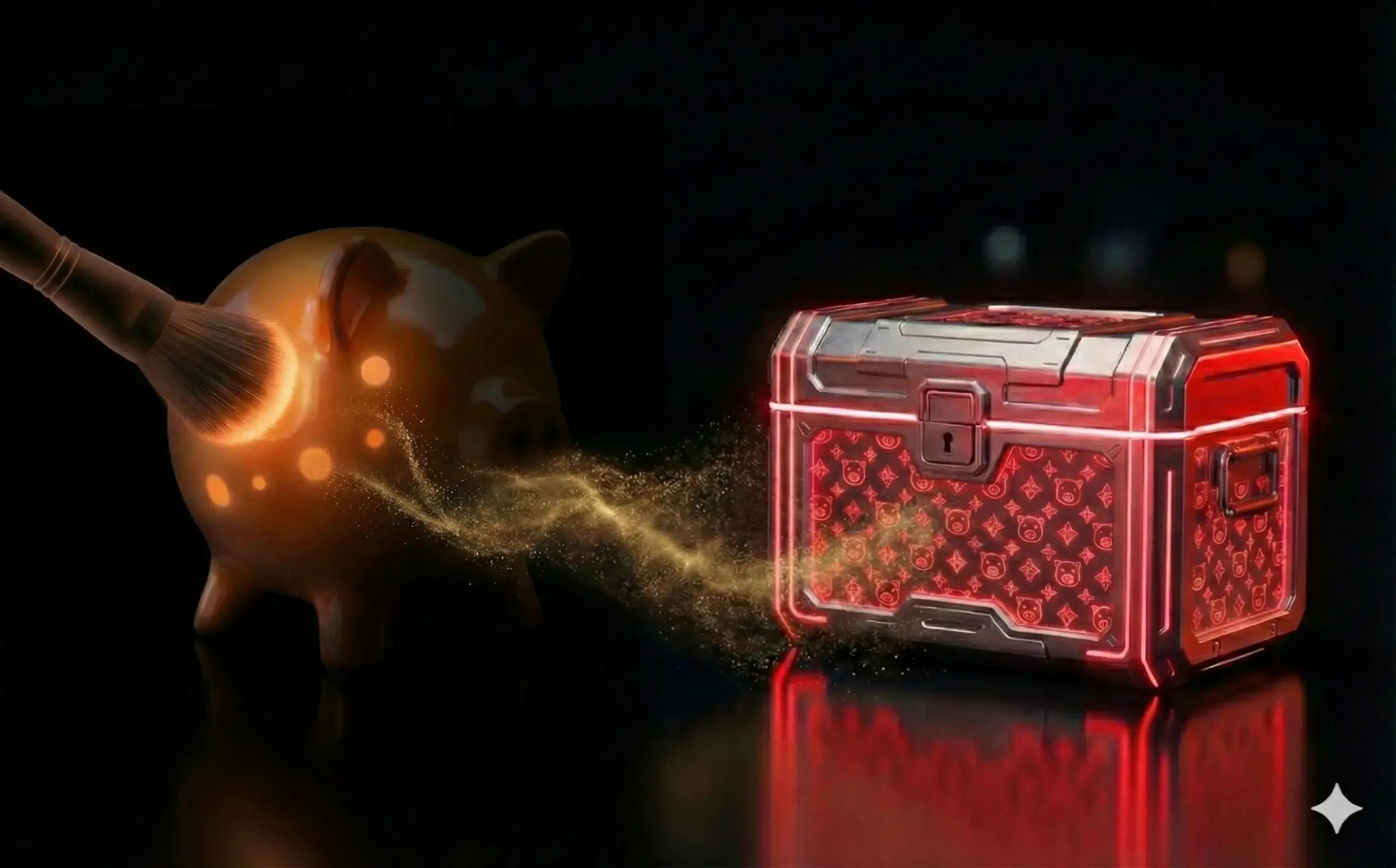 Cochon tirelire émettant un faisceau lumineux vers un coffre, symbolisant un trésor publicitaire où un message personnalisé devient visible pour toute la collection