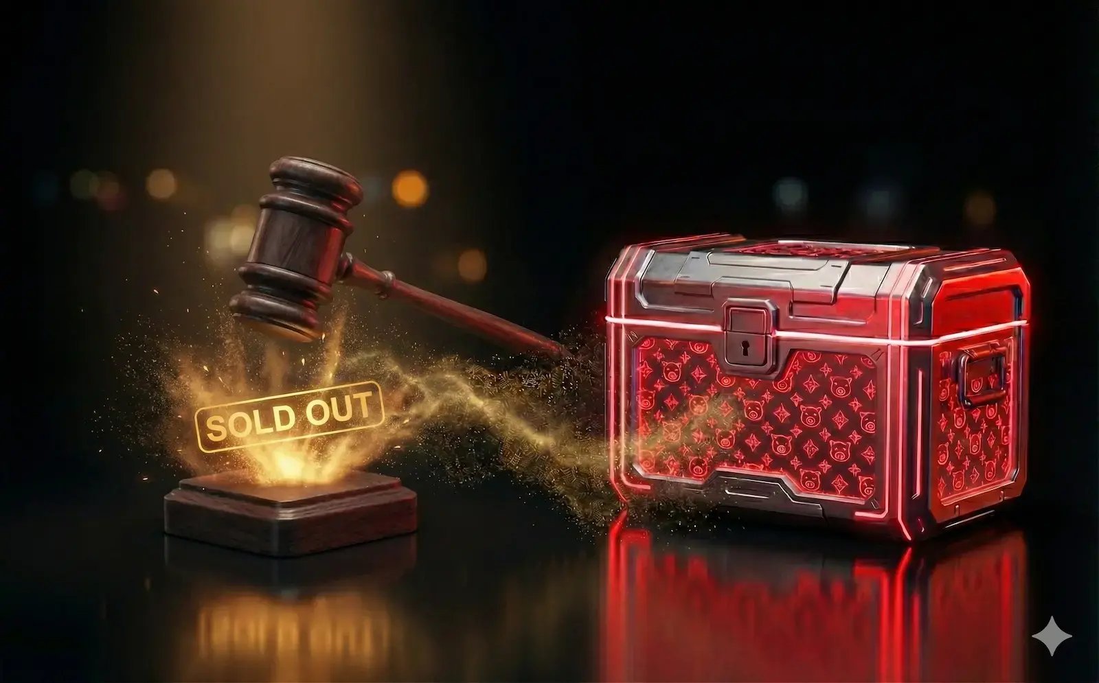 Marteau de vente aux enchères frappant un socle “Sold Out” à côté d’un coffre, symbolisant la redistribution de 21 % des revenus du mint en trésor de la collection