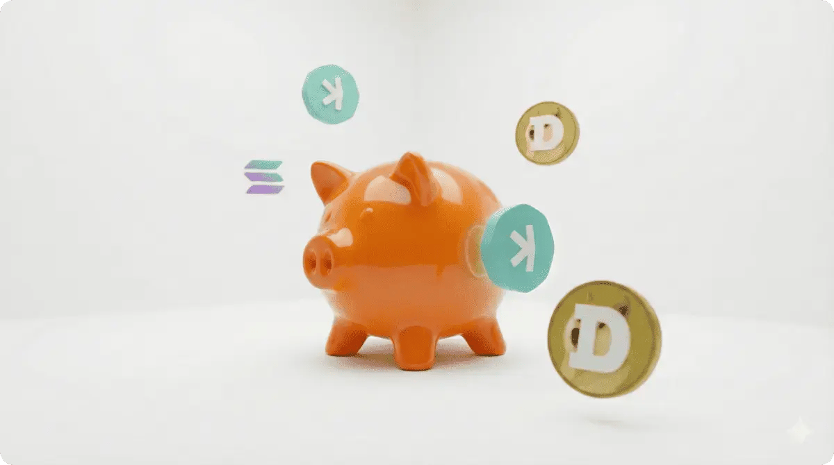 Cochon tirelire orange présenté sur fond blanc avec des symboles de cryptomonnaies en suspension, illustrant un support de partenariat et de co-branding Web3