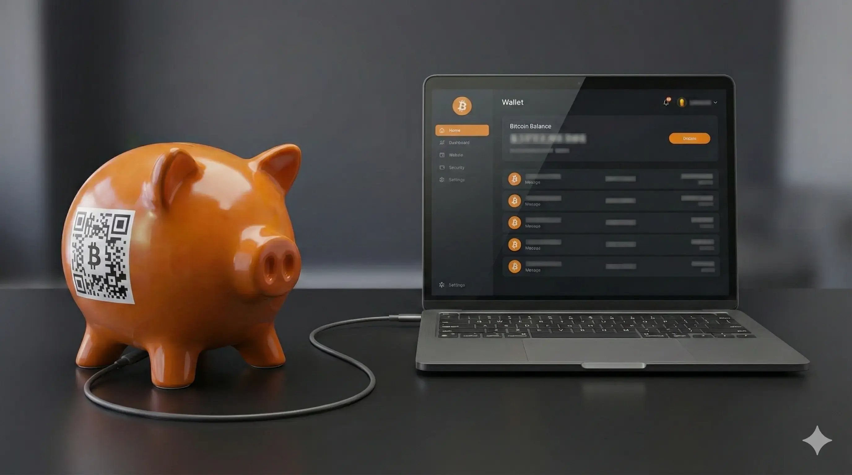 Cochon tirelire bitggybank relié par un câble USB-C à un ordinateur, permettant de vérifier l’authenticité et le solde du portefeuille Bitcoin via la clé USB Opendime